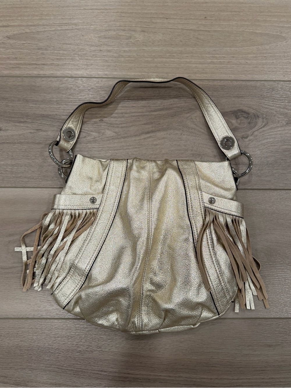 B. MAKOWSKI Gold Leather Bag with Fringes Y2K Moto